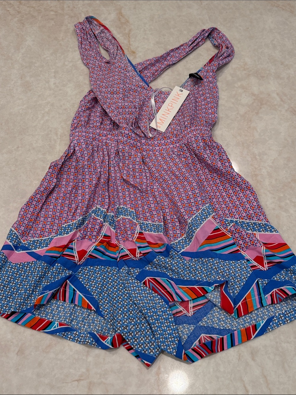 MINKPINK Pink and Blue Mixed-Print Sundress